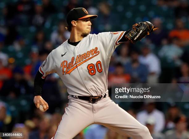Spenser Watkins of the Baltimore Orioles pitches in the fourth inning against the Chicago Cubs at Wrigley Field on July 13, 2022 in Chicago, Illinois.