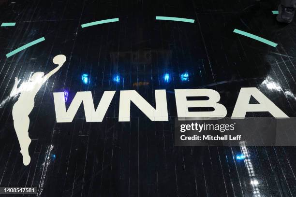 Detailed view of the WNBA logo prior to the game between the Las Vegas Aces and New York Liberty at Barclays Center on July 12, 2022 in the Brooklyn...