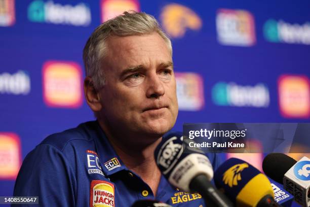 West Coast Eagles AFL head coach Adam Simpson speaks to the media during a press conference at Mineral Resources Park on July 14, 2022 in Perth,...