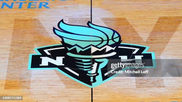 General view of the New York Liberty logo prior to the game against the Las Vegas Aces at Barclays Center on July 12, 2022 in the Brooklyn borough of...