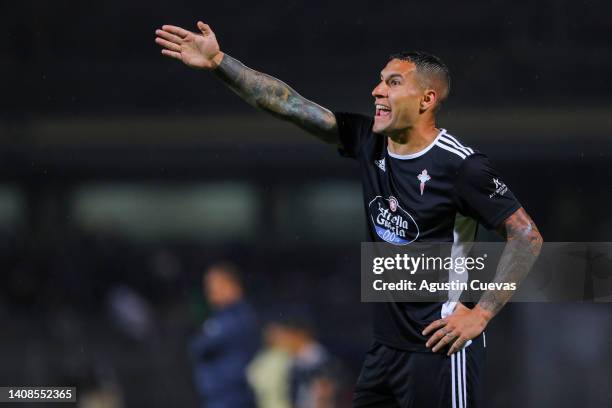 Hugo Mallo of Celta reacts during a friendly match between Pumas UNAM and RC Celta at Olimpico Universitario Stadium on July 13, 2022 in Mexico City,...