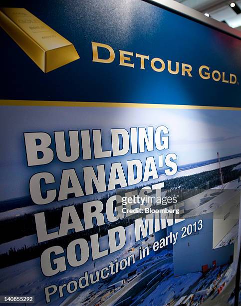 Detour Gold Corp. Signage is displayed at the company's booth at the Prospectors and Developers Association of Canada convention in Toronto, Ontario,...