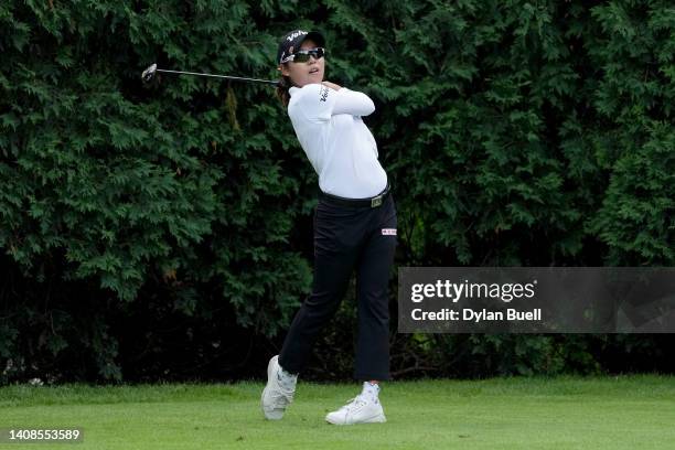 Mi Hyang Lee of South Korea plays her shot from the fifth tee during the first round of the Dow Great Lakes Bay Invitational at Midland Country Club...