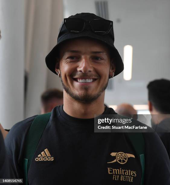 Ben White of Arsenal at Baltimore airport at the team arrive for their tour of the USA on July 13, 2022 in Baltimore, Maryland.