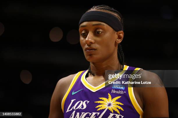 Brittney Sykes of the Los Angeles Sparks looks on during a game against the Washington Mystics at Crypto.com Arena on July 12, 2022 in Los Angeles,...