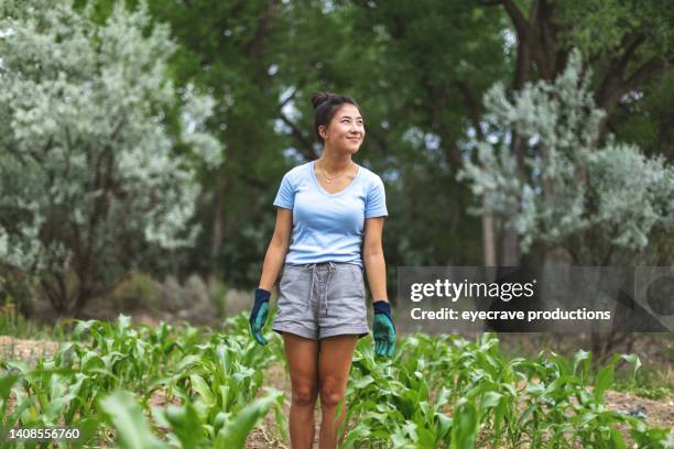 surveying garden plants teenage rural life in western usa kazan asian teen female living on a farm photo series - may 17 stock pictures, royalty-free photos & images