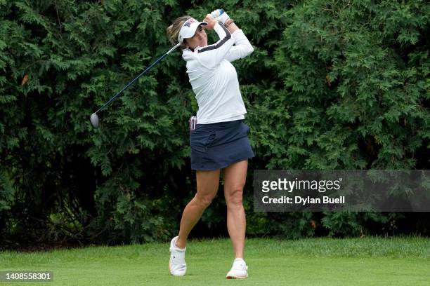 Gerina Mendoza of the United States plays her shot from the fifth tee during the first round of the Dow Great Lakes Bay Invitational at Midland...