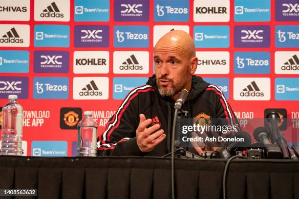 Manager Erik ten Hag of Manchester United speaks during a press conference at AAMI Park on July 14, 2022 in Melbourne, Australia.