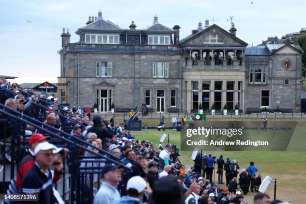 Paul Lawrie of Scotland tees off on the first hole during Day One of The 150th Open at St Andrews Old Course on July 14, 2022 in St Andrews, Scotland.