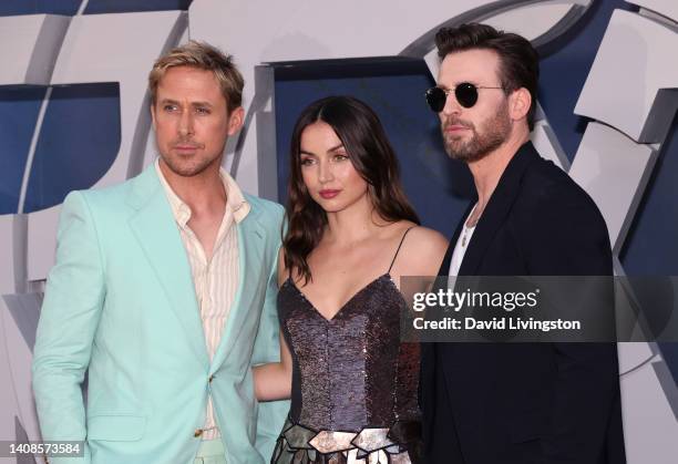 Ryan Gosling, Ana de Armas and Chris Evans attend the world premiere of Netflix's "The Gray Man" at TCL Chinese Theatre on July 13, 2022 in...