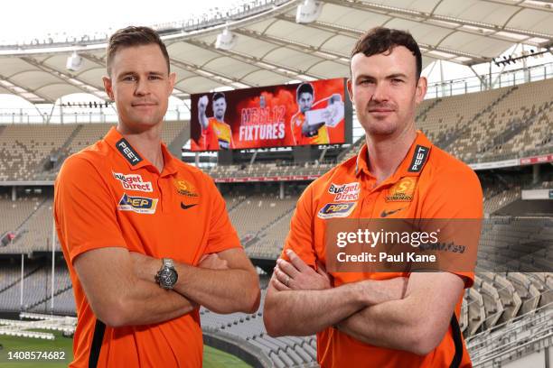 Jason Behrendorff and Ashton Turner pose during a Perth Scorchers BBL media opportunity at Optus Stadium on July 14, 2022 in Perth, Australia.