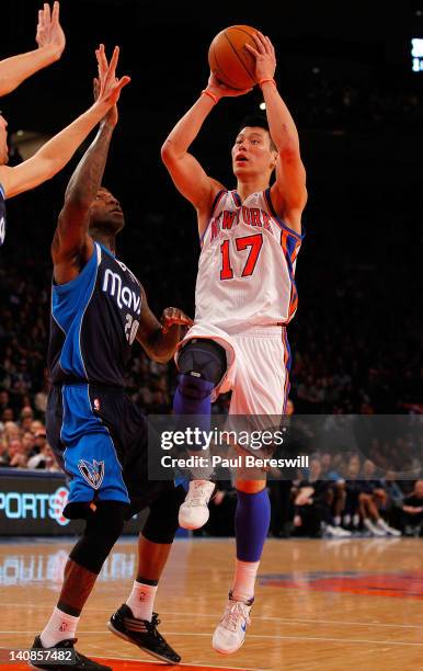 Jeremy Lin of the New York Knicks shoots on a layup against Dominique Jones of the Dallas Mavericks during an NBA basketball game on February 19,...