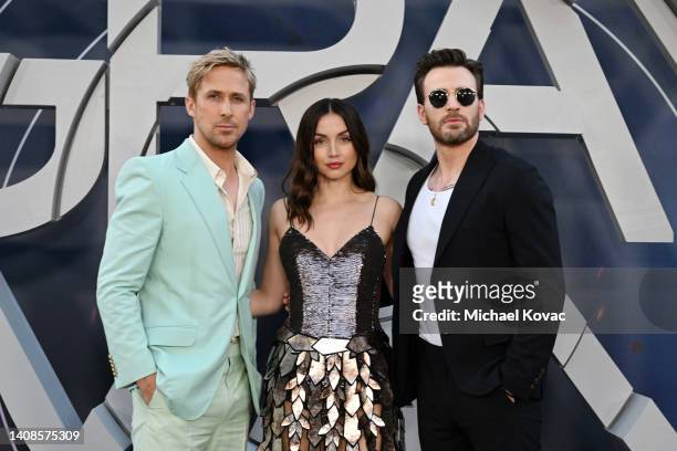 Ana de Armas, Ryan Gosling, and Chris Evans attend Netflix's "The Gray Man" Los Angeles Premiere at TCL Chinese Theatre on July 13, 2022 in...