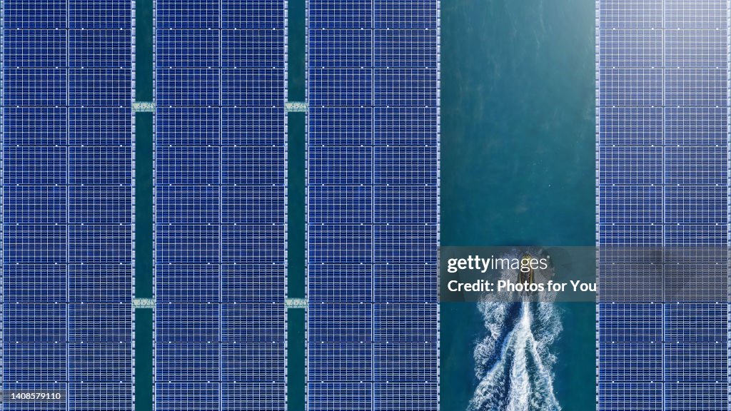 Aerial view/solar panel floating in the dam a clean energy source