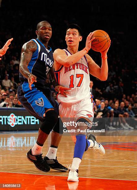 Jeremy Lin of the New York Knicks drives against Dominique Jones of the Dallas Mavericks during an NBA basketball game on February 19, 2012 at...
