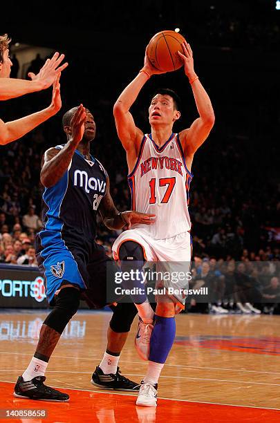 Jeremy Lin of the New York Knicks drives against Dominique Jones of the Dallas Mavericks during an NBA basketball game on February 19, 2012 at...