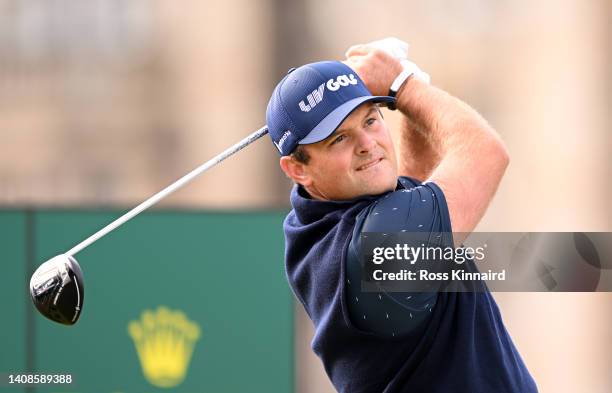 Patrick Reed of the United States tees off on the second hole during Day One of The 150th Open at St Andrews Old Course on July 14, 2022 in St...