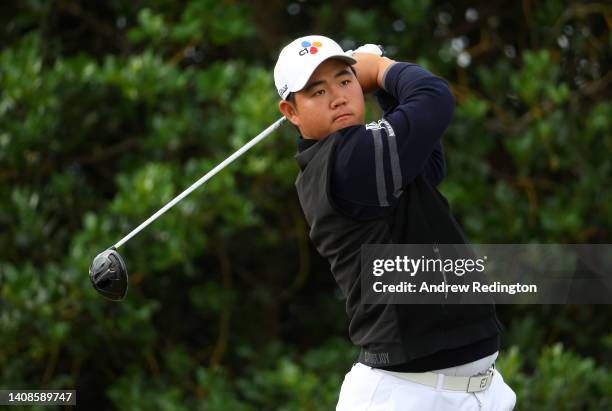 Joo-Hyung Kim of South Korea tees off the third hole during Day One of The 150th Open at St Andrews Old Course on July 14, 2022 in St Andrews,...