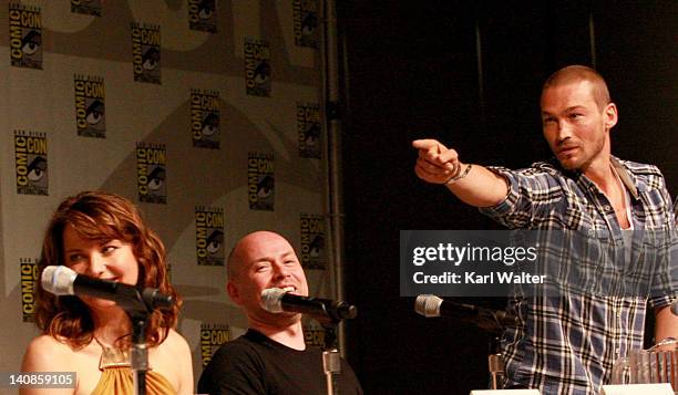 Actor Lucy Lawless and Executive producer Steven S. DeKnight and Actor Andy Whitfield at Starz Entertainment's "Spartacus" Panel during Comic-Con...