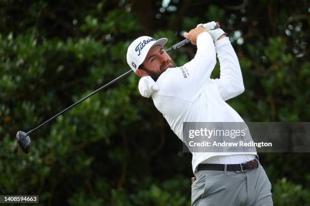 Cameron Young of The United States tees off the third hole during Day One of The 150th Open at St Andrews Old Course on July 14, 2022 in St Andrews,...