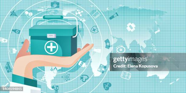 stockillustraties, clipart, cartoons en iconen met medicine and healthcare concept in flat style. doctor's hands with a first aid kit on an abstract color background with medical icons. - wereldwijde gezondheid