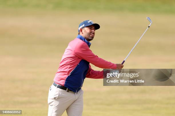 Pablo Larrazabal of Spain plays their second shot on the fourth hole during Day One of The 150th Open at St Andrews Old Course on July 14, 2022 in St...