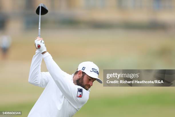 Cameron Young of the United States tees off on the 2nd hole during Day One of The 150th Open at St Andrews Old Course on July 14, 2022 in St Andrews,...