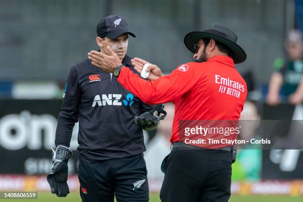 Dublin, Ireland July 12. Umpire Aleem Dar discussses a not out decision with Tom Latham of New Zealand during the Ireland V New Zealand one day...