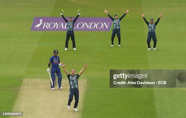 David Willey of England appeals unsuccesfully for the wicket of Shikhar Dhawan of India during the 1st Royal London Series One Day International at...