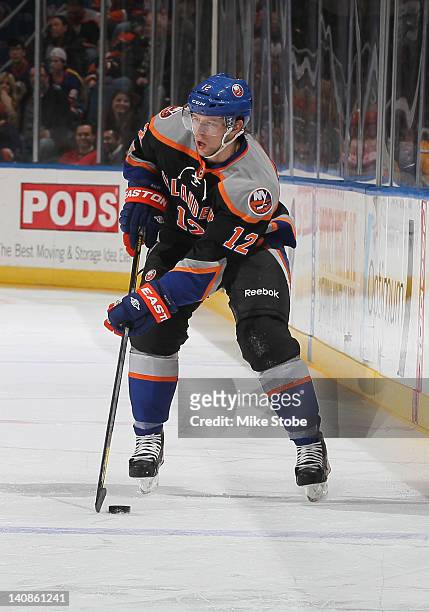 Josh Bailey of the New York Islanders skates against the Ottawa Senators at Nassau Veterans Memorial Coliseum on February 20, 2012 in Uniondale, New...