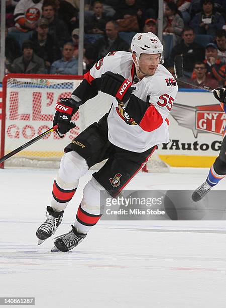 Sergei Gonchar of the Ottawa Senators skates against the New York Islanders at Nassau Veterans Memorial Coliseum on February 20, 2012 in Uniondale,...