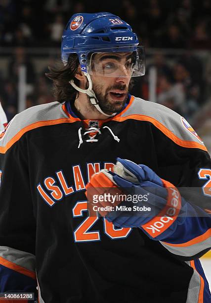 Matt Moulson of the New York Islanders skates against the Ottawa Senators at Nassau Veterans Memorial Coliseum on February 20, 2012 in Uniondale, New...