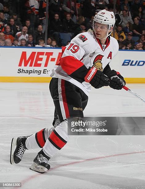 Jason Spezza of the Ottawa Senators skates against the New York Islanders at Nassau Veterans Memorial Coliseum on February 20, 2012 in Uniondale, New...