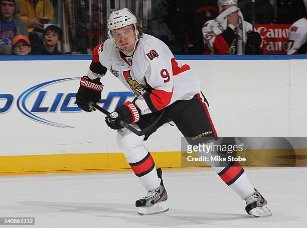 Milan Michalek of the Ottawa Senators skates against the New York Islanders at Nassau Veterans Memorial Coliseum on February 20, 2012 in Uniondale,...