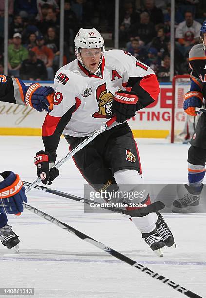 Jason Spezza of the Ottawa Senators skates against the New York Islanders at Nassau Veterans Memorial Coliseum on February 20, 2012 in Uniondale, New...