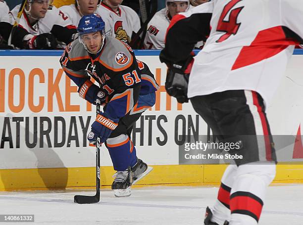 Frans Nielsen of the New York Islanders skates against the Ottawa Senators at Nassau Veterans Memorial Coliseum on February 20, 2012 in Uniondale,...