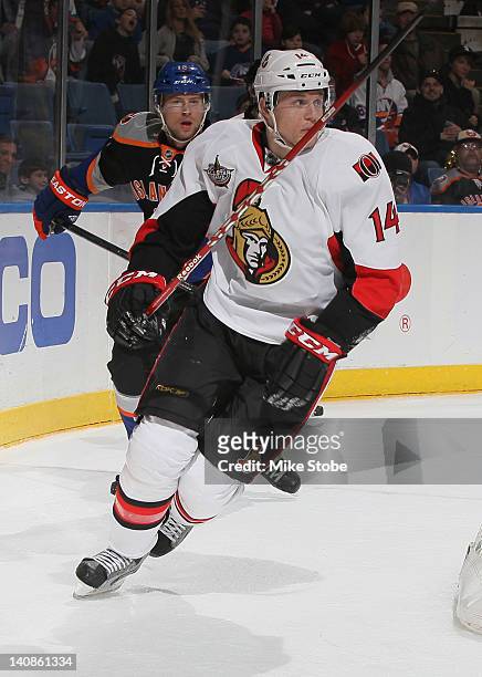Colin Greening of the Ottawa Senators skates against the New York Islanders at Nassau Veterans Memorial Coliseum on February 20, 2012 in Uniondale,...