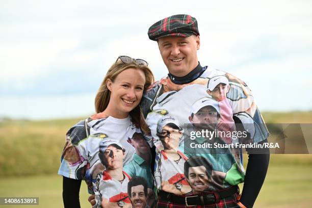 Spectators wear festive tops featuring Rory McIlroy of Northern Ireland during Day One of The 150th Open at St Andrews Old Course on July 14, 2022 in...