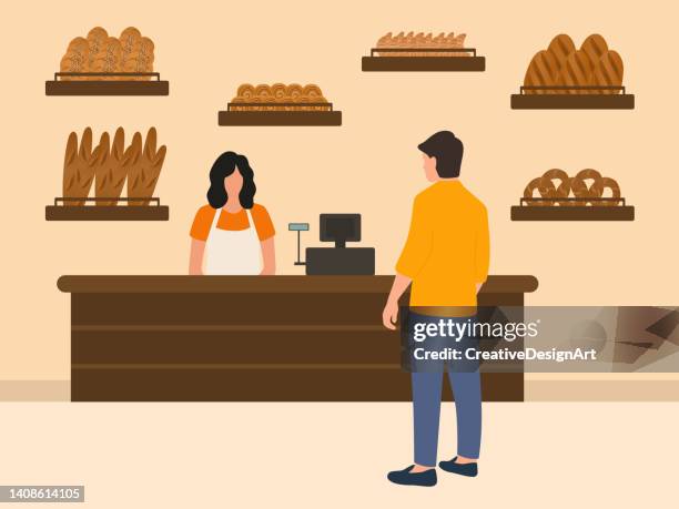 bakery shop with bread, baguettes, croissants, bagels and cinnamon rolls. cashier standing at checkout counter and customer buying bread. - checkout stock illustrations