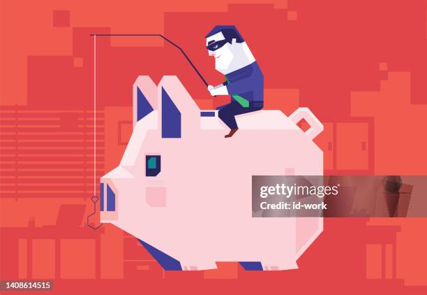 bildbanksillustrationer, clip art samt tecknat material och ikoner med scammer sitting and fishing piggy bank - masked thief caught