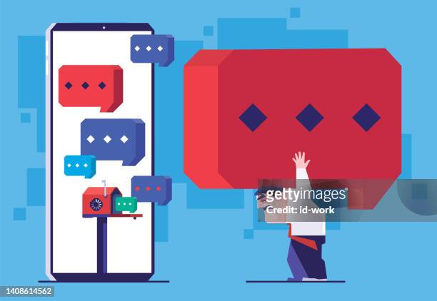 businessman carrying speech bubble and waiting mailbox loading on smartphone - slow stock illustrations