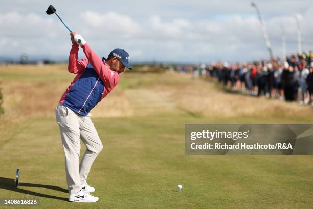 Pablo Larrazabal of Spain plays his shot from the fourth tee during Day One of The 150th Open at St Andrews Old Course on July 14, 2022 in St...