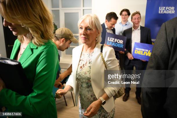 Culture Secretary Nadine Dorries leaves following the launch event for Conservative leadership candidate Liz Truss to become the next Prime Minister...