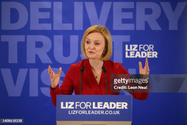 Conservative leadership candidate Liz Truss speaks to supporters and journalists as she launches her campaign to become the next Prime Minister on...