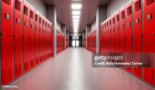 long school corridor with red lockers , 3d illustration - taquilla lugar de comercio fotografías e imágenes de stock