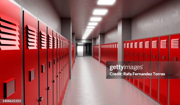 long school corridor with red lockers , 3d illustration - locker room ストックフォトと画像