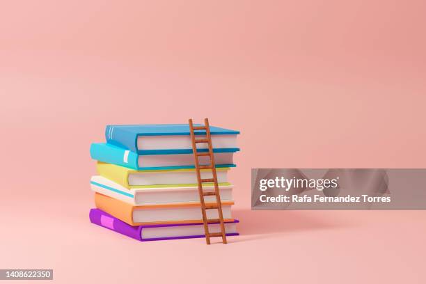 colorful books on row with little ladder on colorful background. 3d rendering - 3d book stockfoto's en -beelden