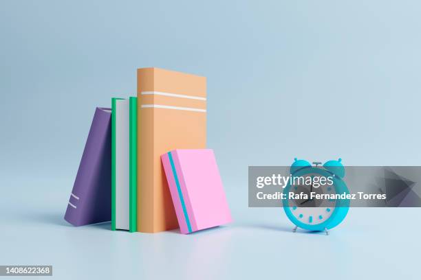 online education, e-learning concept. stack of books, bookshelf. 3d render - 3d book stockfoto's en -beelden