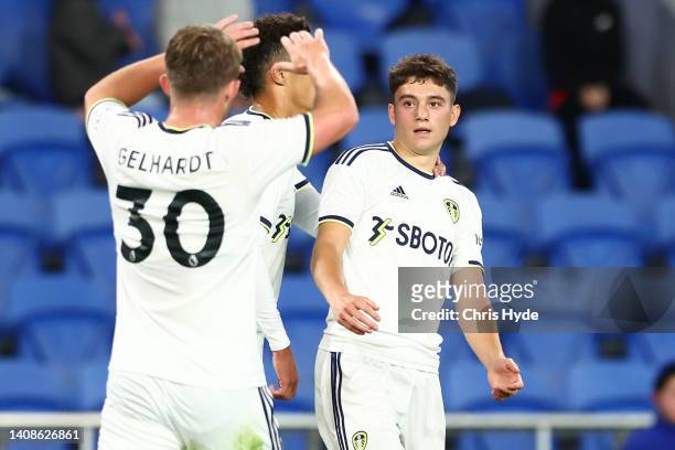 Daniel James of Leeds United celebrates a goal during the 2022 Queensland Champions Cup match between Brisbane Roar and Leeds United at Cbus Super...