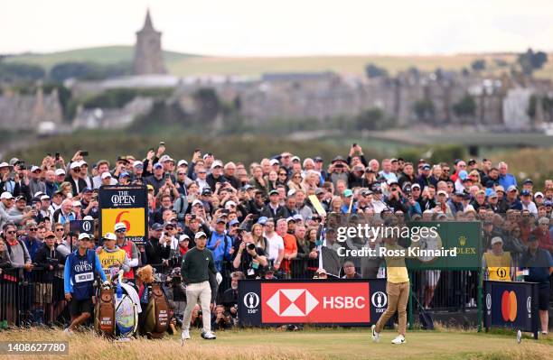 Rory McIlroy of Northern Ireland tees off on the sixth hole during Day One of The 150th Open at St Andrews Old Course on July 14, 2022 in St Andrews,...